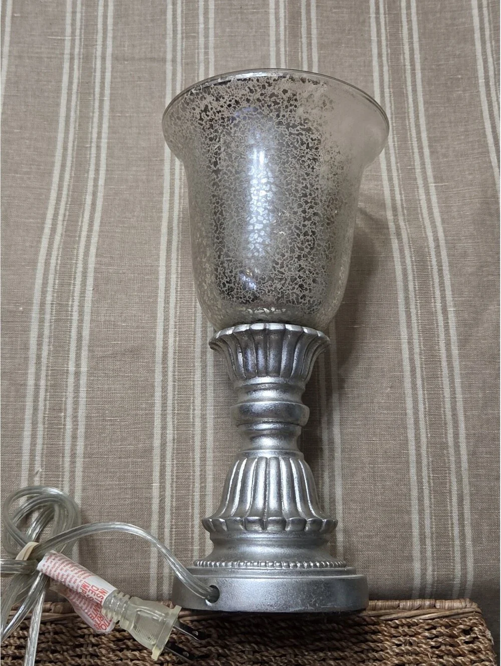 Vintage Mercury Glass Ornate Silver Base Hurricane Lamp 12x6